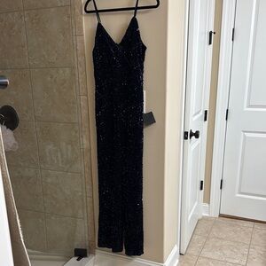 Navy Blue Velvet Sequin Straight Leg Jumpsuit